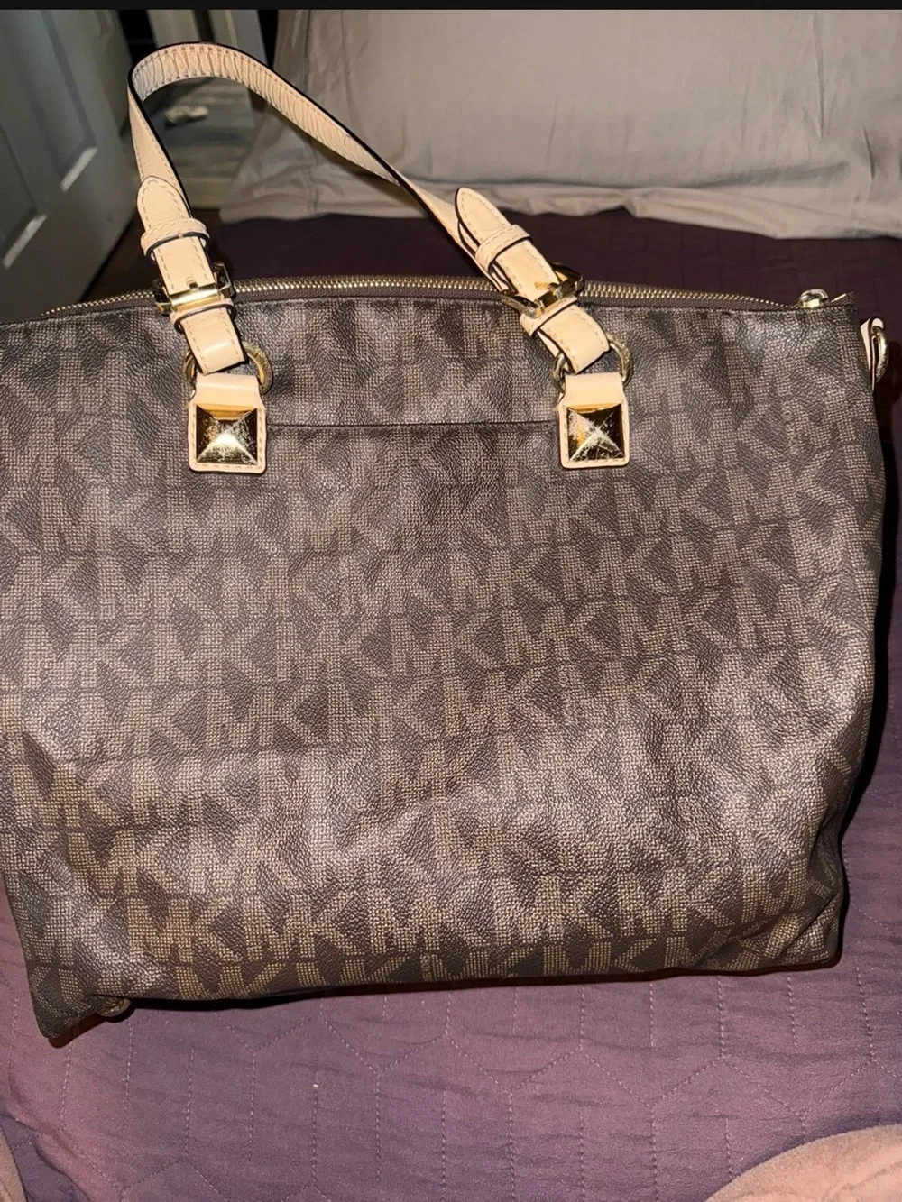 Michael Kors Brown Signature MK Tote with Beige Trim and Gold Charm